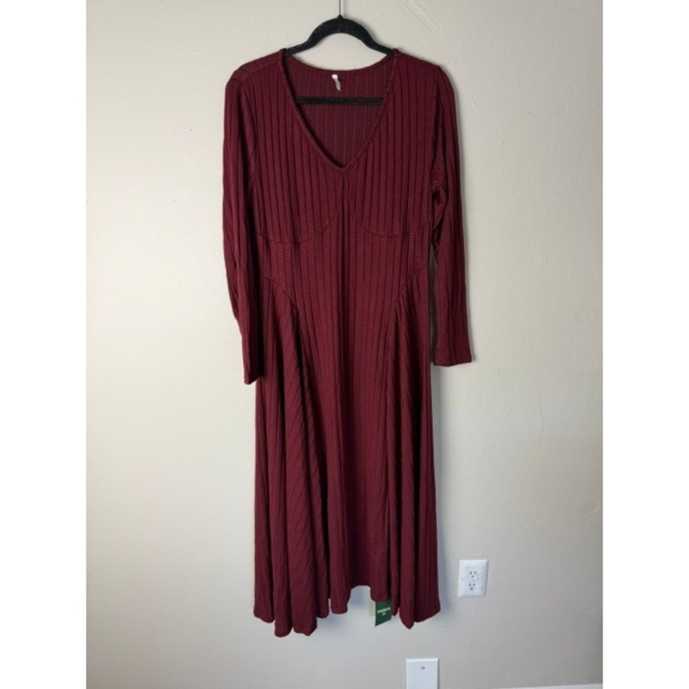 Halara Womens Ribbed V-Neck Long Sleeve Empire Waist Midi Dress Burgundy XL NWT